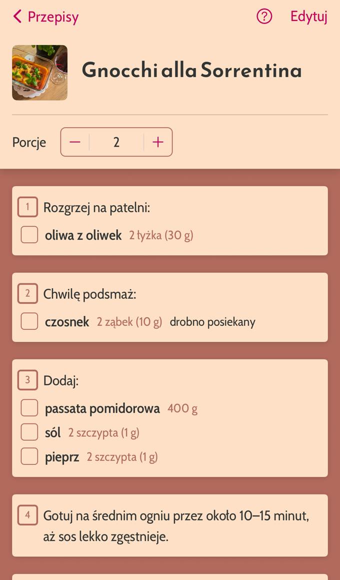 Zrzut ekranu aplikacji Dietary z przepisem Gnocchi alla Sorrentina rozpoznanym przez AI: tytuł, liczba porcji i kroki