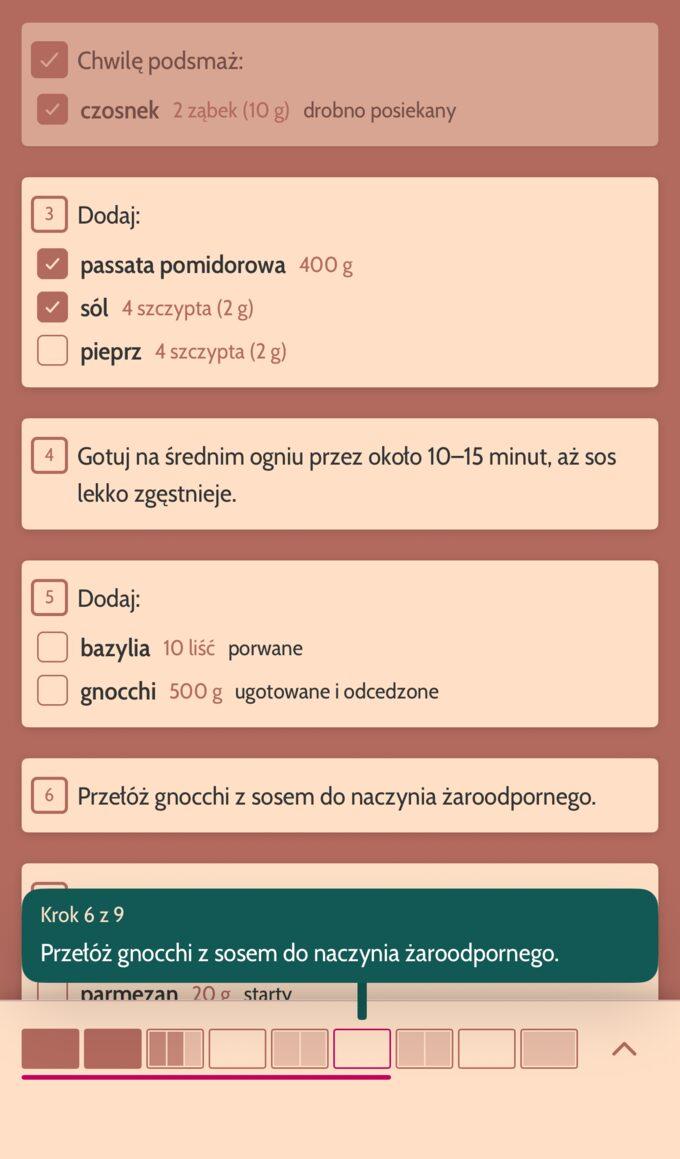 Zrzut ekranu aplikacji Dietary w trybie gotowania: zrobione kroki są wyszarzone, a u dołu ekranu mapa przepisu z podpowiedzią „Krok 6 z 9”