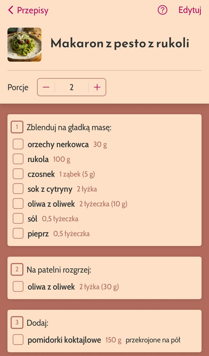 Zrzut ekranu aplikacji Dietary z przepisem na makaron z pesto z rukoli: składniki i ich ilości podane przy każdym kroku przygotowania